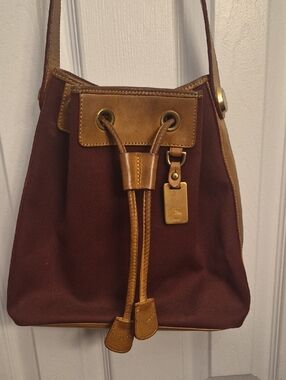 Dooney & Bourke Burgundy Canvas with Tan Leather Drawstring Shoulder Bag Vintage